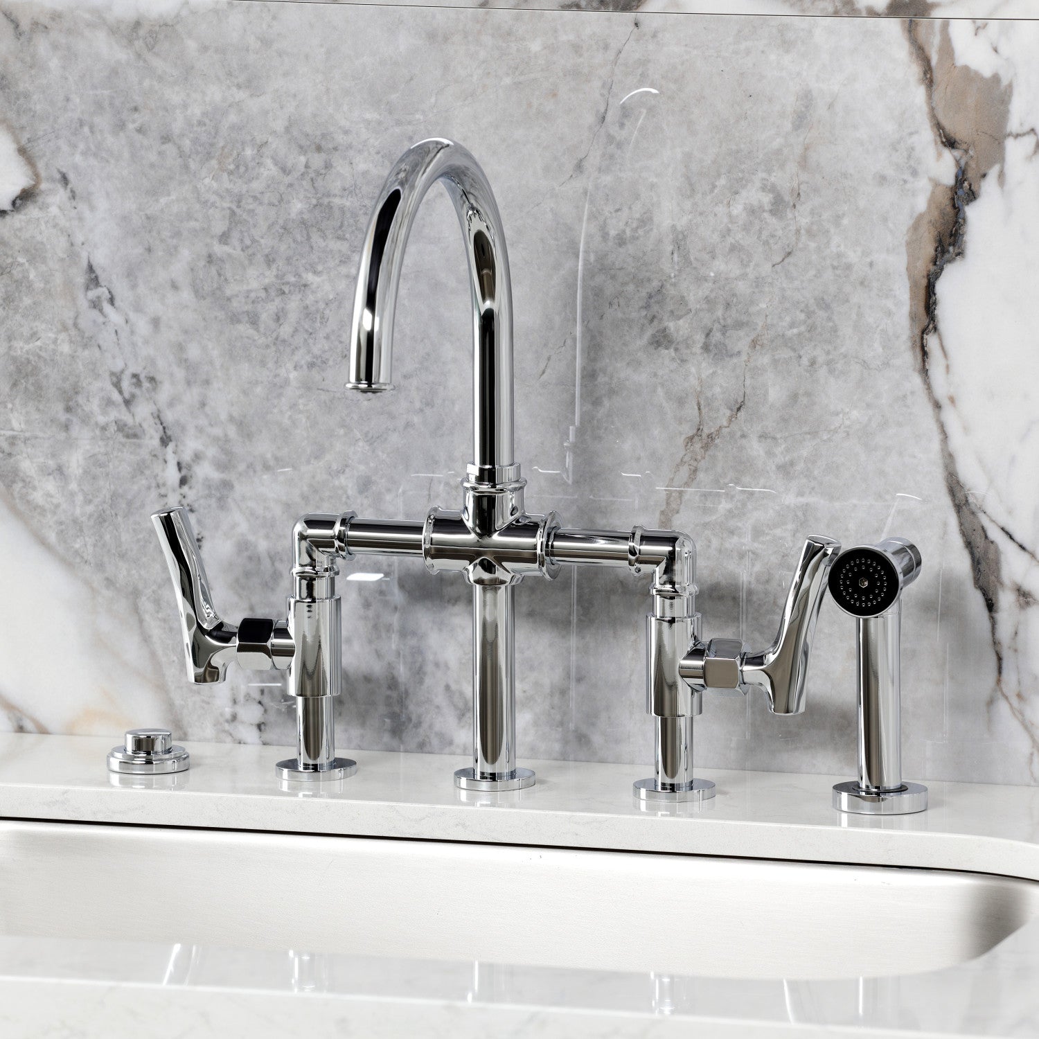 Kingston Sona KS2331TKL - Hallerbos Two-Handle 4-Hole Deck Mount Bridge Kitchen Faucet with Brass Sprayer, Polished Chrome — thumbnail 2